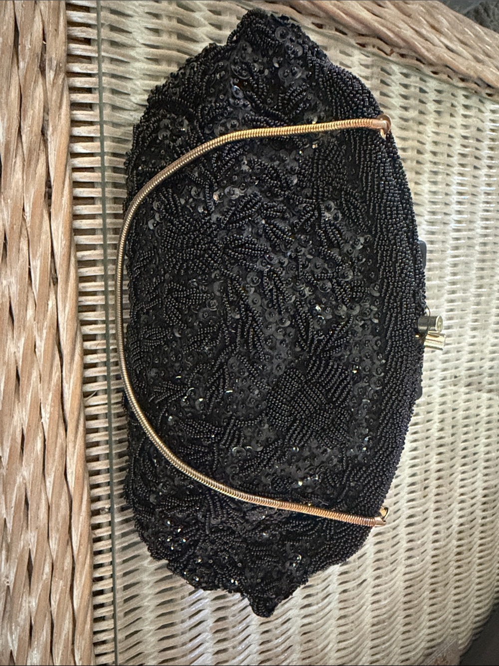 Vintage Black Beaded Clutch with Gold Handle